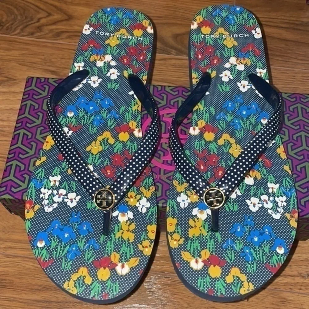 Tory Burch WORN ONCE Auth. Floral Dot Patterned Flip Flop Thong Sandals